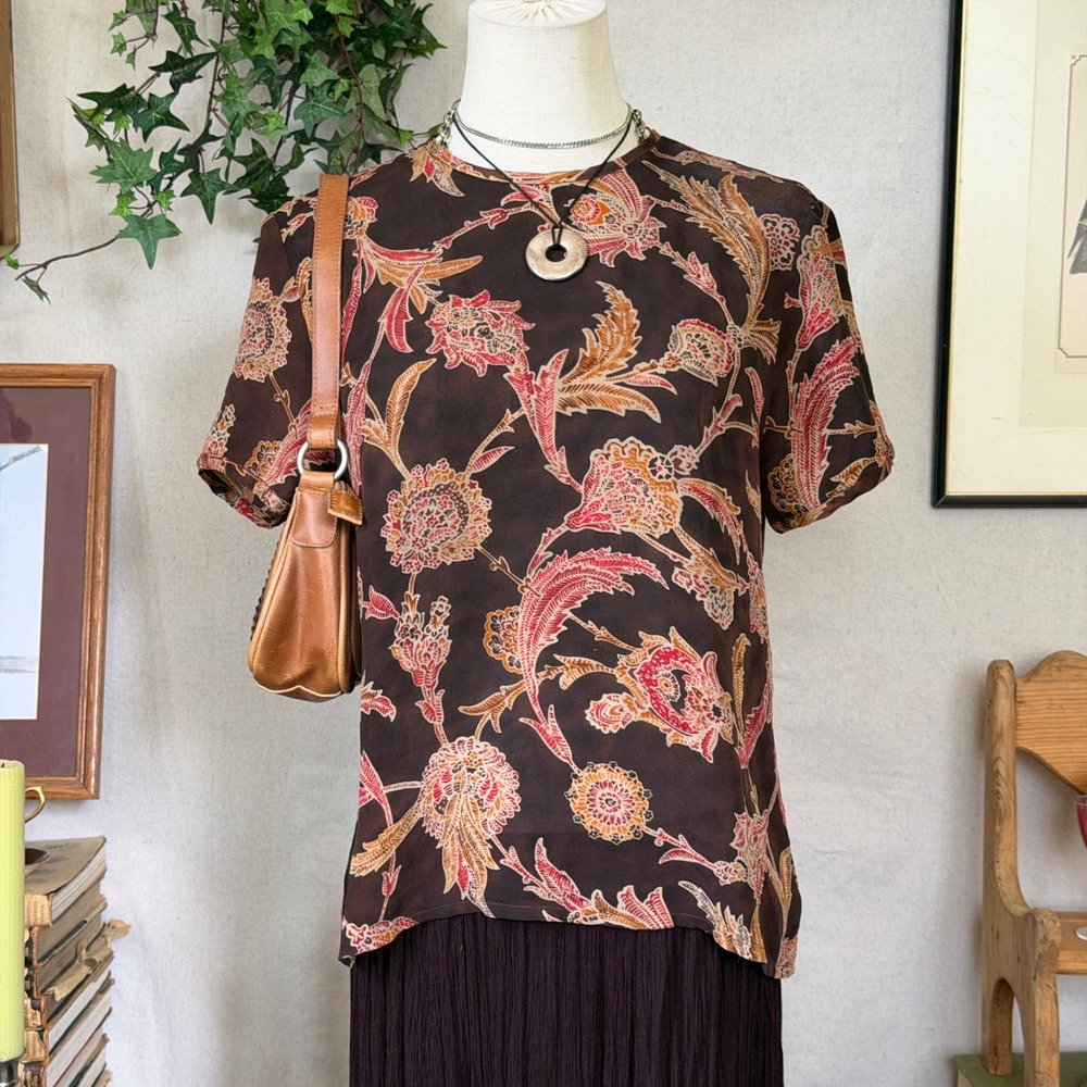 Brown Floral Silk Button Back Blouse Cottagecore Vintage 90s Size 2 Whimsy